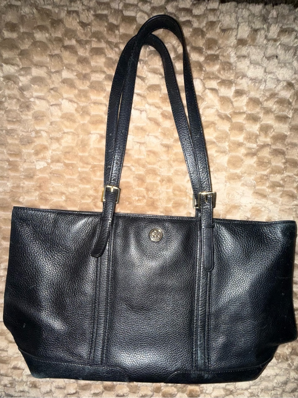 Tory Burch Black Pebbled Leather Shoulder Tote with Gold Logo